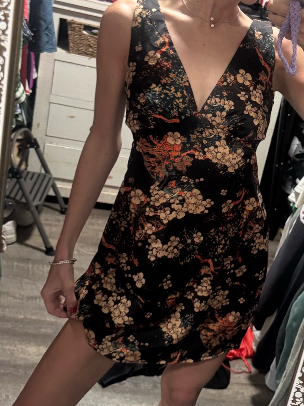 Nasty Gal Black Floral V-Neck Mini Dress with Warm Blooms Satin